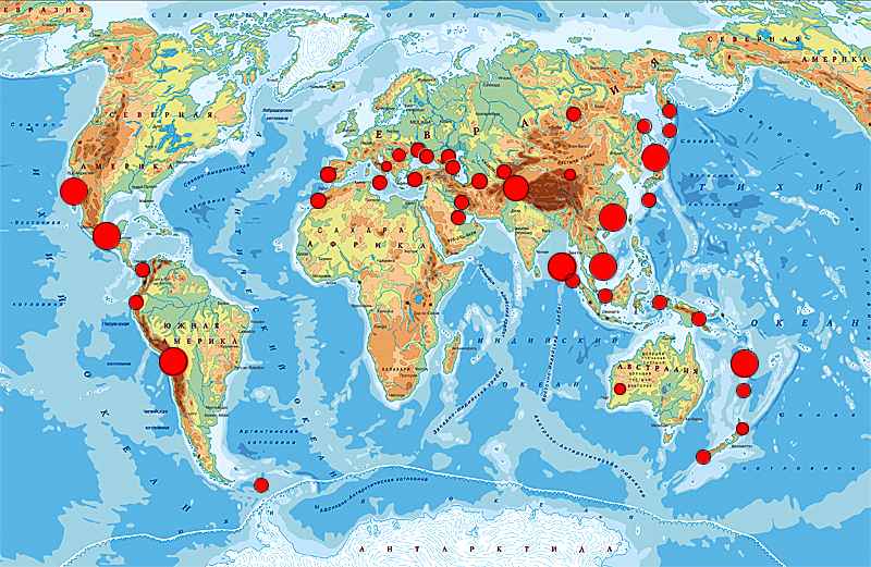 карта крупнейших землетрясений