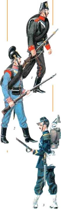 Пехотинцы 1870 г.:1 — прусский; 2 — баварский;3 — капрал французских пеших егерей
