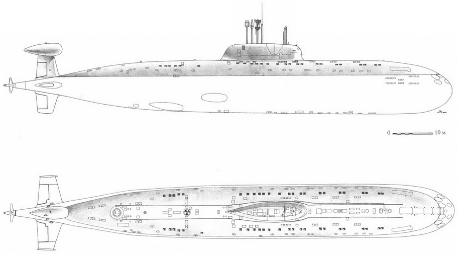  Схема АПЛ проекта 945 Барракуда, атомная многоцелевая подводная лодка