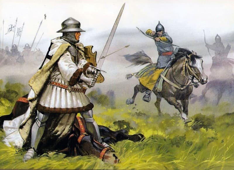 Тевтонский рыцарь, лучник-литвин, рукопашный бой, враги, союзники