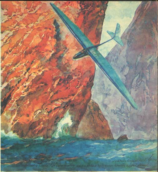 Планер, терпящий бедствие над морем. Одна из последних картин Арцеулова.