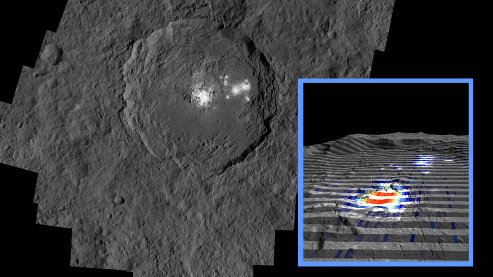 овые данные миссии NASA Dawn позволяют предположить, что яркая область в кратере Occator на Церере может объясняться гидротермальной активностью, а именно присутствием озер с соленой водой