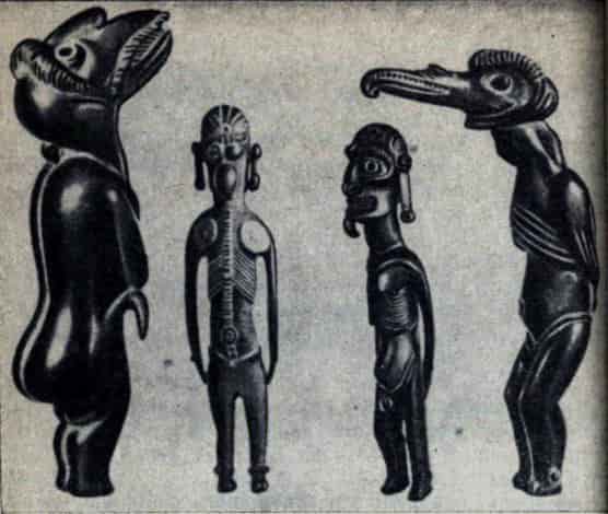 Старинные деревянные статуэтки острова Пасхи, изображающие (слева направо): человека-тюленя (тангата-ику), высота 32 см; две фигурки в середине аку-аку, вид сзади и сбоку; изнуренный предок (Моаи кава-кава), высота около полуметра, следует обратить внимание на изображение позвоночника и ребер. Крайний справа — птицечеловек с клювом (тангата-ману). Фото из книги Франсиса Мазьера