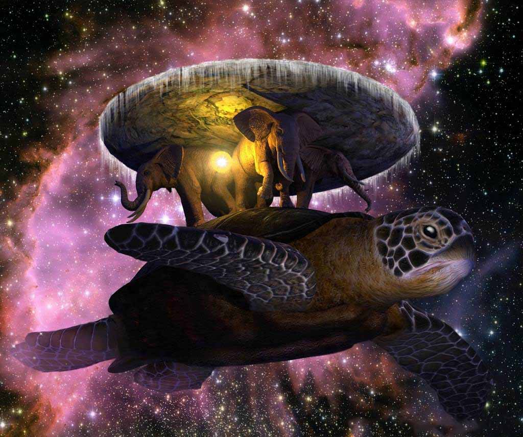 Черепаха удерживает на своем панцире плоскую планету 