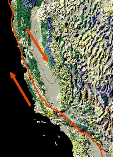 Карта разлома Сан-Андреас, показывающая относительное движение плит