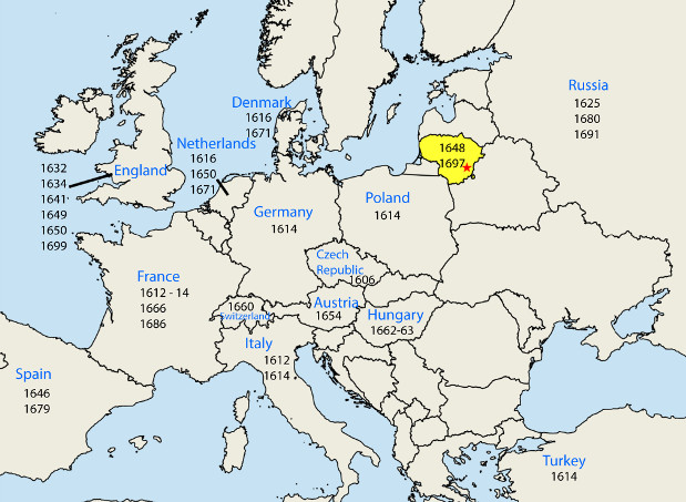 Эпидемии оспы в разных странах Европы в XVII веке. Литва выделена желтым цветом