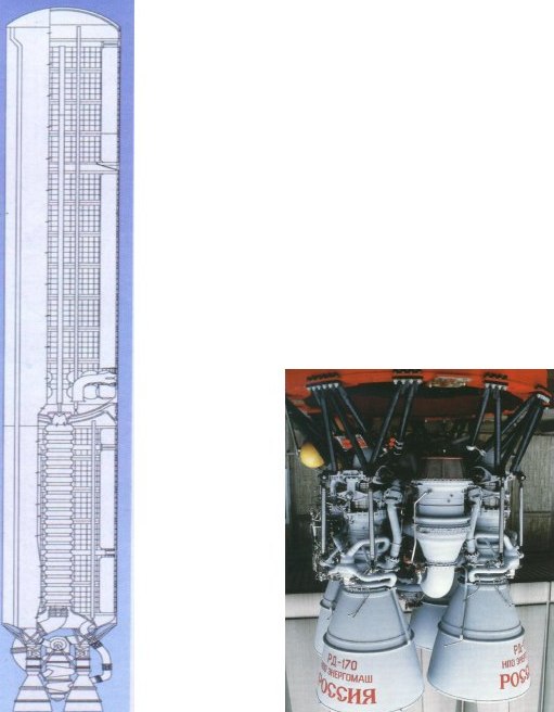 Рисунок 2 – Модульная часть 11С25 [5] блока «А» первой ступени ракеты-носителя 11К25 «Энергия» и её маршевый двигатель РД-170 [6]