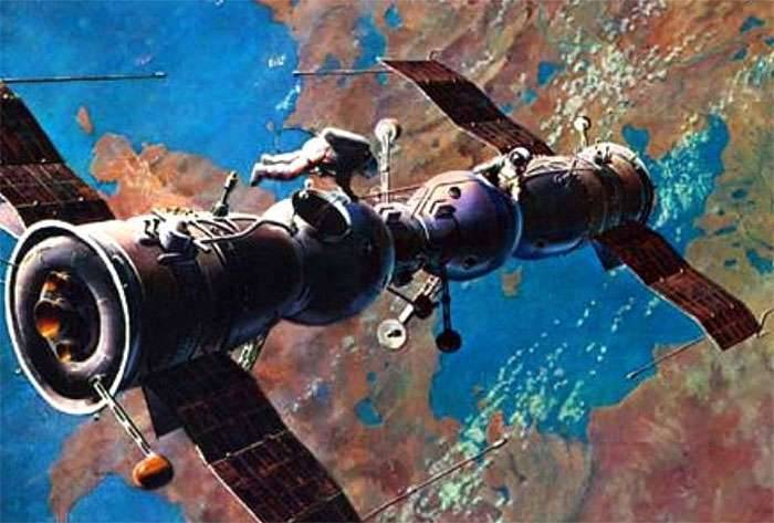 Так художник и космонавт Леонов изобразил состыкованные на орбите корабли «Союз-4» и «Союз-5».