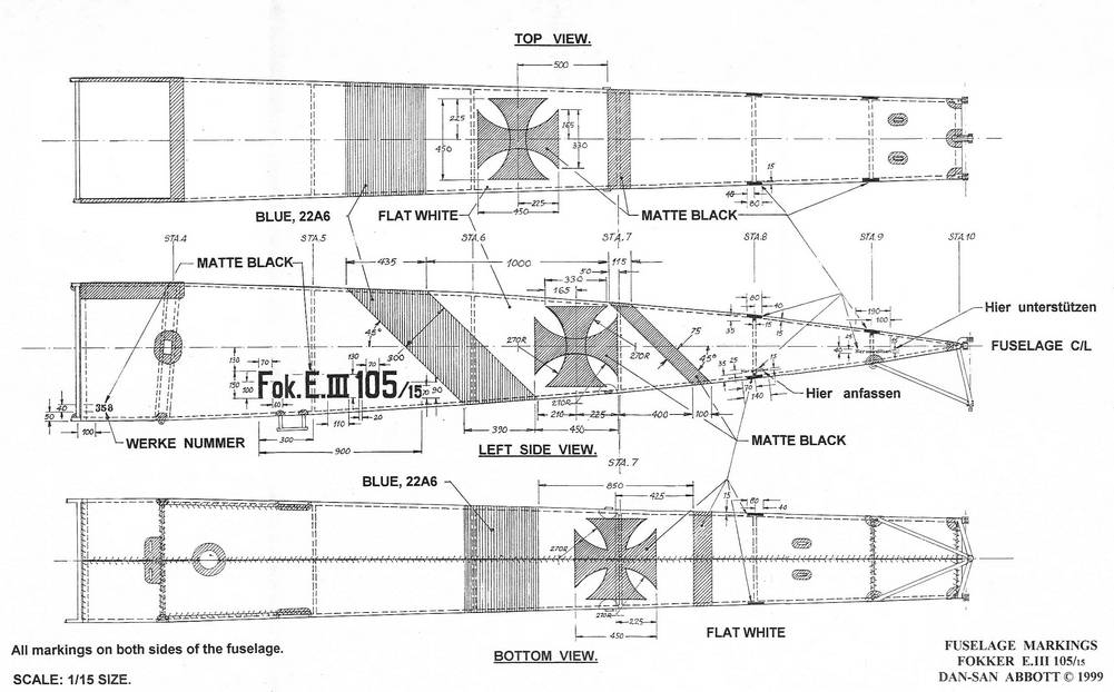 Конструкция фюзеляжа самолета Фоккер E III W.Nr.105/15, нанесение опознавательных знаков