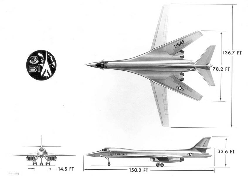 Общий вид и размеры в футах стратегического бомбардировщика Рокуэлл Интернешнл В-1А согласно проекту