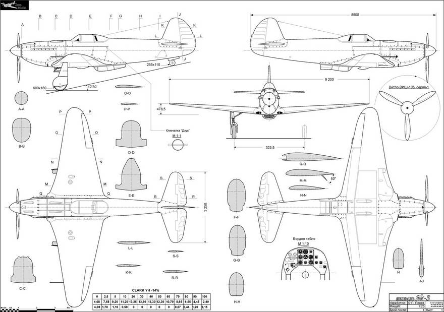 Общий вид, размеры, некоторые детали и геометрические сечения самолета Як-3, координаты характерных точек профиля крыла