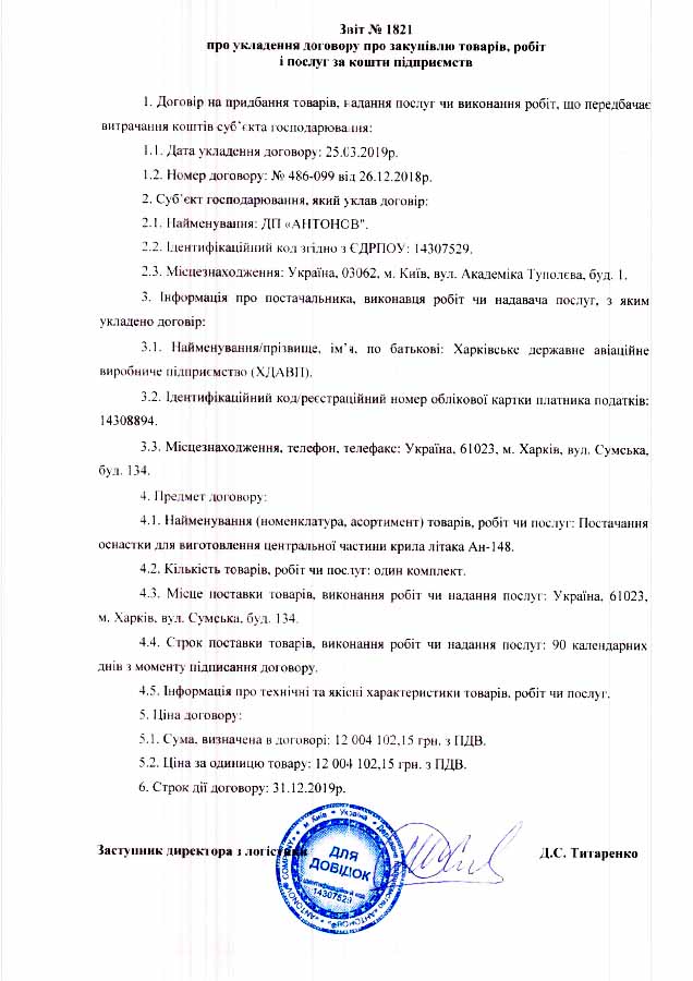 Ан-148,отчет, договор, ГП «Антонов», ХГАПП,оснастка
