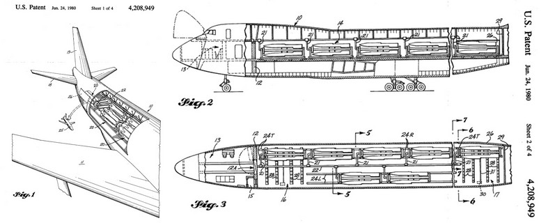 Рисунок из патента на первый американский летающий арсенал на базе Боинг 747-200 – это 1980 год. Существенное отличие этого проекта от современного в том, что он не мог нести дроны (вооружение – только самонаводящиеся ракеты) и сам был пилотируемым самолетом