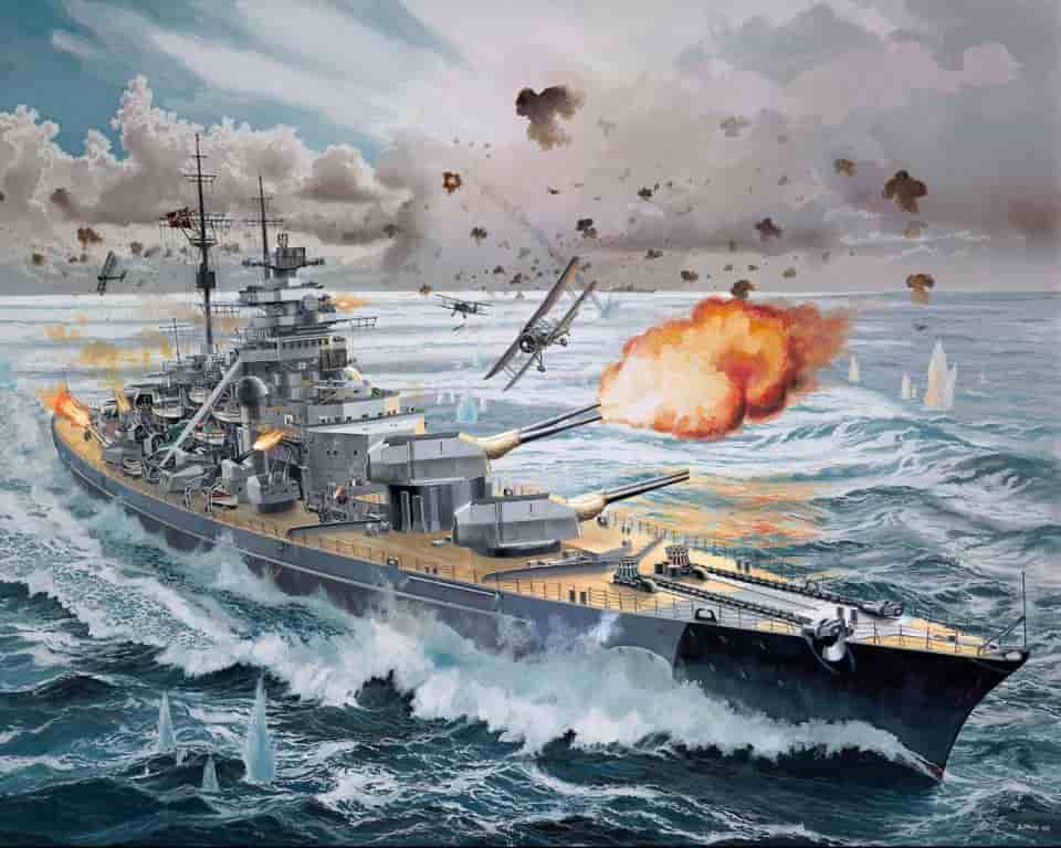 Линейный корабль «Бисмарк» отражает атаку самолетов «Викториес»