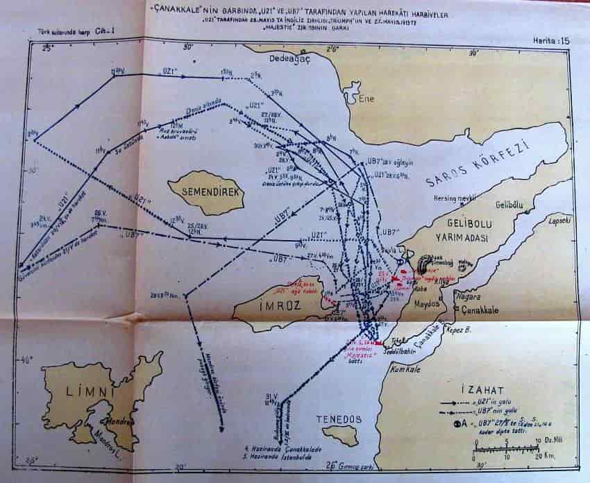 Схема действия немецких подводных лодок в районе Дарданелл