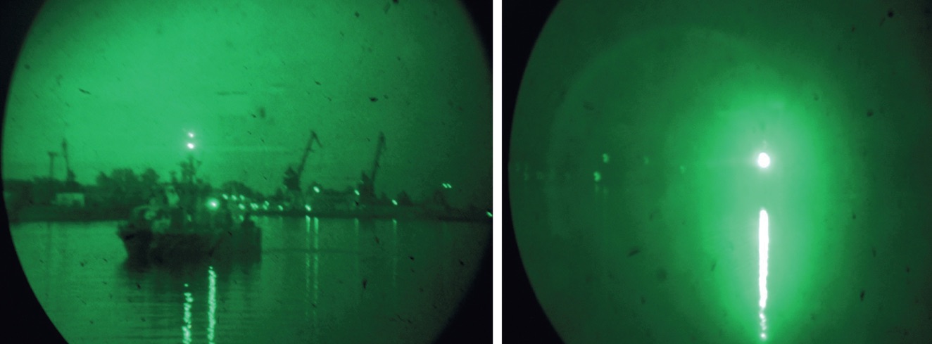 изображение катера, прибор ночного видения, визуально-оптические помехи