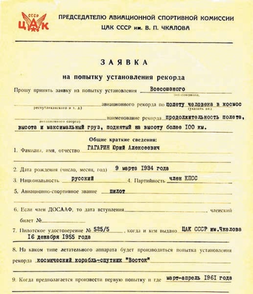  первый космонавт, Юрий Гагарин, заявка на попытку установления рекорда