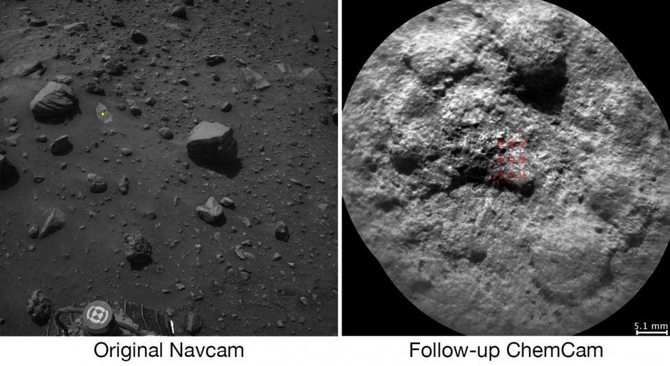 Изображение слева показывает камень, который был замечен «Кьюриосити» с помощью камеры Navcam