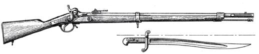 Французский стержневой штуцер Тувенена образца 1842 года. Рядом штык-ятаган. Острие штыка отведено от оси канала ствола для удобства заряжания