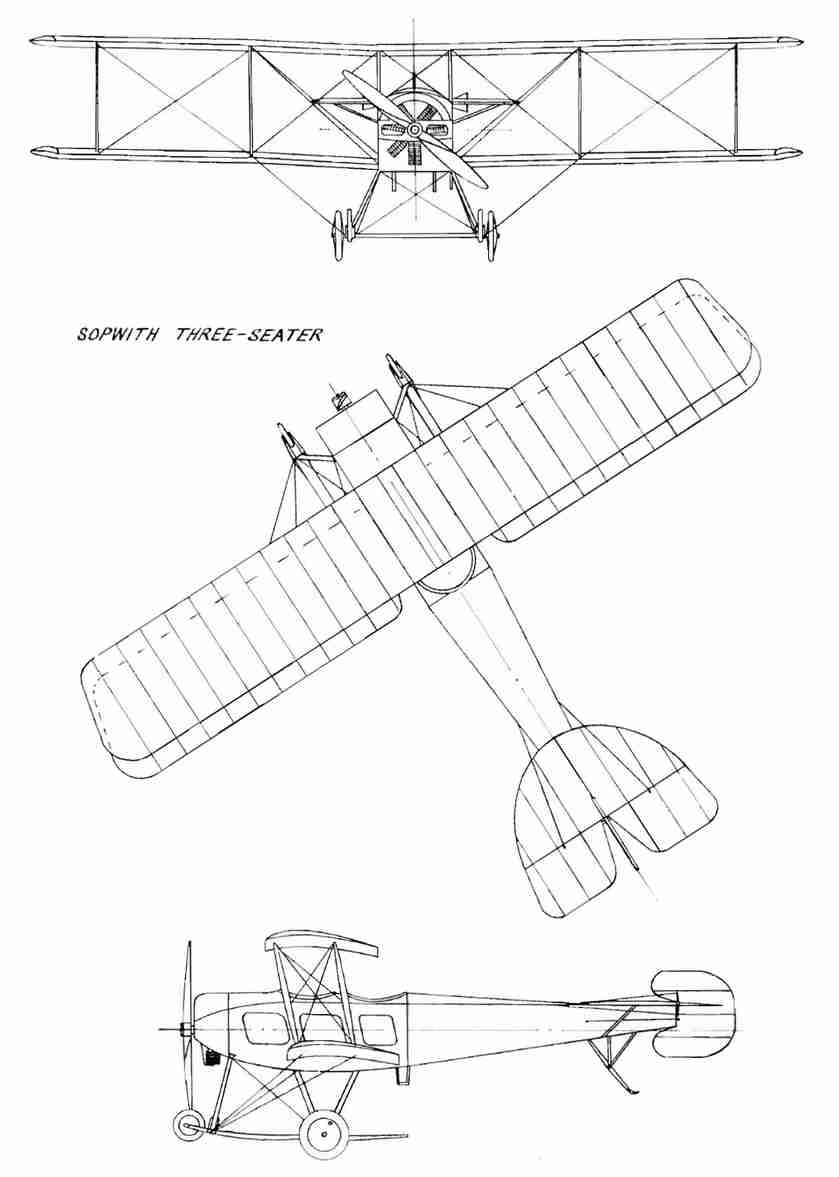 «Трехместный тянущий биплан Сопвич» (Sopwith Three-Seater Tractor Biplane, Sopwith 80 hp Biplane, Sopwith D1, Sopwith Tractor Biplane). Общий вид