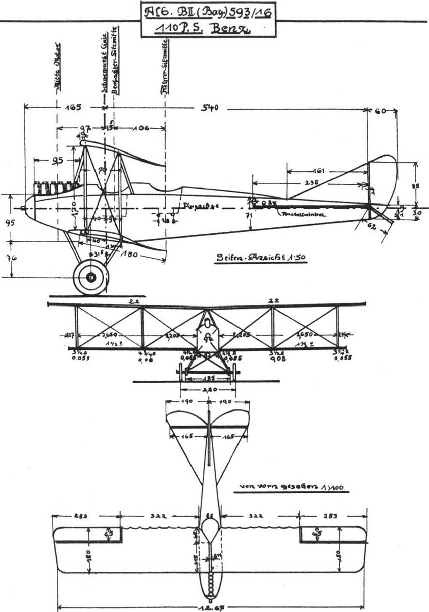 Общий вид самолета Альбатрос B II – репродукция габаритного чертежа серийной машины с мотором «Бенц» 110 л.с. Werk.Nr.593/16 выпуска 1916 г. 