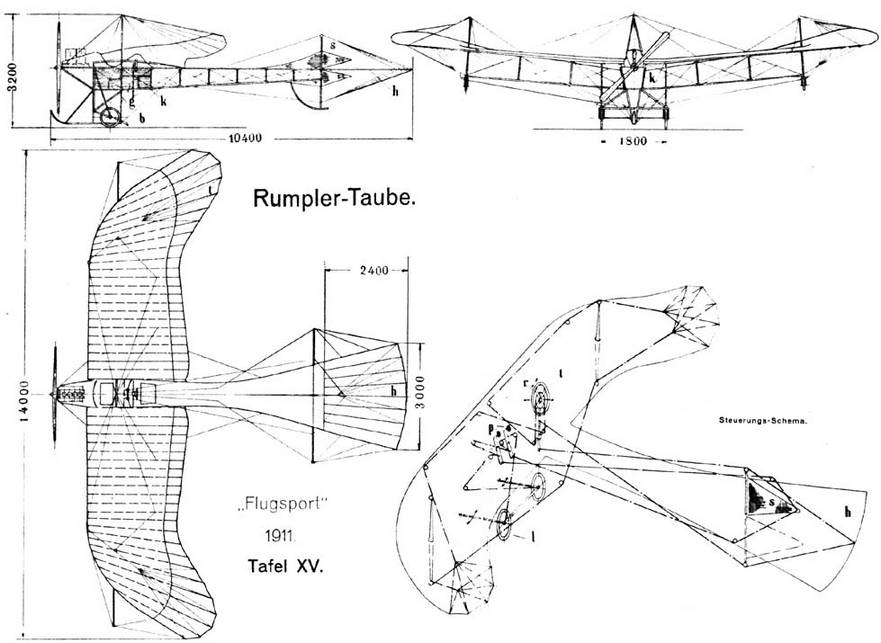 Общий вид и схема проводки управления самолета «Таубе» выпуска фирмы «Румплер»